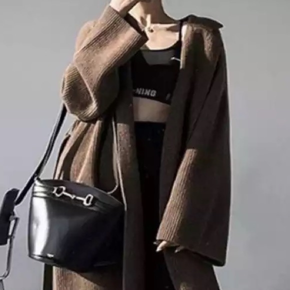 Chunky Below Knee Rib Belt Pocket Brown Cardigan Coat Maxi duster long sweater - Picture 3 of 10